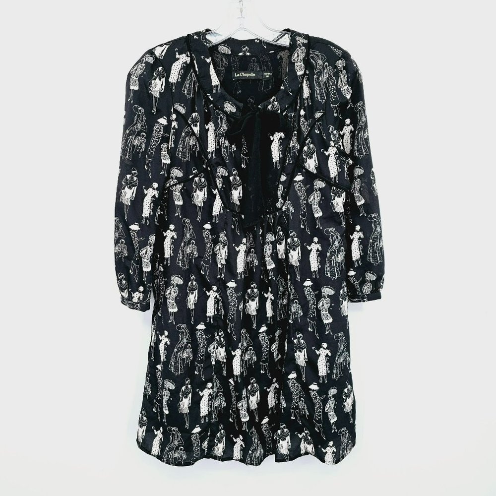 La Chapelle Mini Dress S Black White Novelty Print ¾ Sleeve Semi Sheer Lined Tie